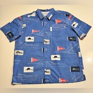 Columbia PFG Mens Large Blue Deep Sea Fishing Graphic Short Sleeve Vented Shirt